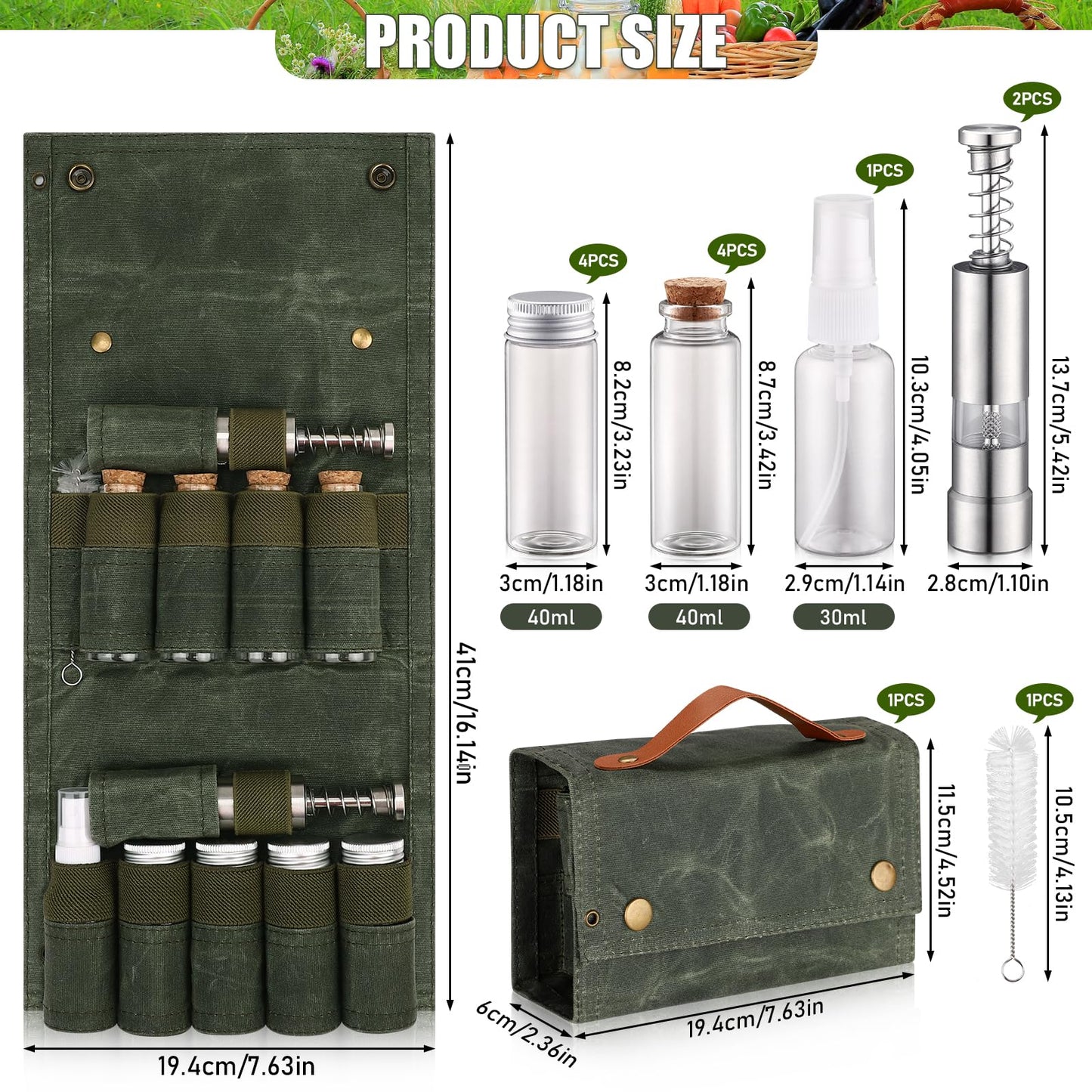 TOBWOLF Portable Spice Bag for Travel, Camping Spice Kit with 8 Jars, 2 Salt/Pepper Grinders, 1 Oil Spray, Foldable Canvas Seasoning Storage Bag, Condiment Container Set for Outdoor Picnic BBQ - Green