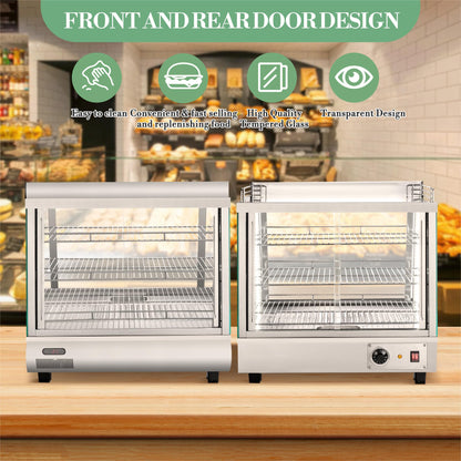 GAOMON Commercial Countertop Display Warmer, 3 4 Cu Ft Food Display Case, Stainless Steel Glass Showcase, Adjustable Temperature Control, 2 Door Heated Case for Cafe Bakery Concession Stand, Silver