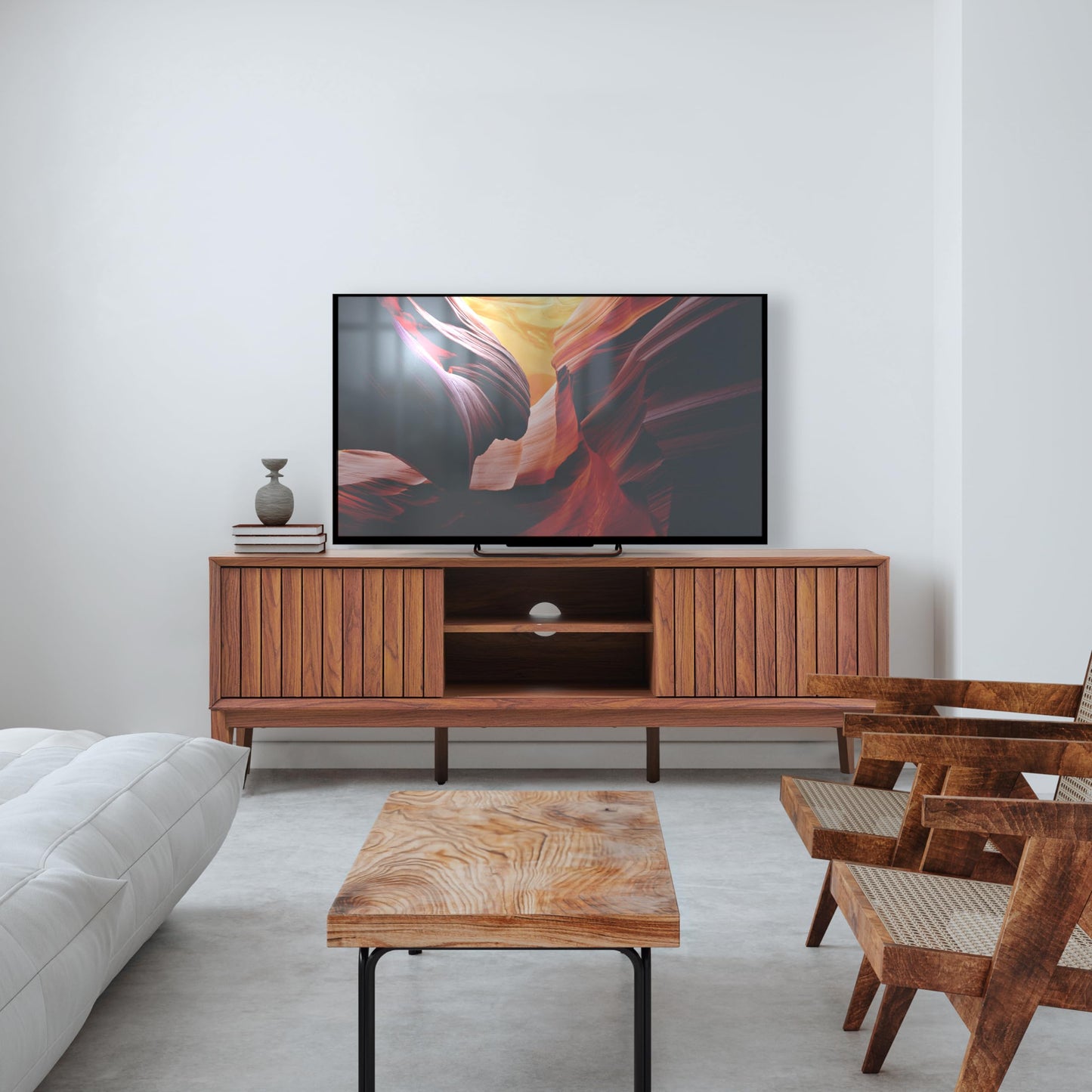 JONATHAN Y Gennaro 58" Mid-Century Wood TV Stand Media Console with Slatted Sliding Doors, Entertainment Center for Living Room with Adjustable Shelves and Cable Management, Walnut TVS1000B