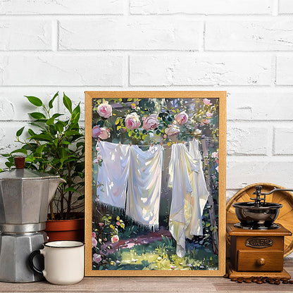 5D Diamond Painting Kit Laundry Hanging on the Line in the Garden Diamond Art Kits for Adults DIY Laundry Round Full Drill Paintings with Diamonds Gem Art for Adults Home Wall Decor 12x16 inch