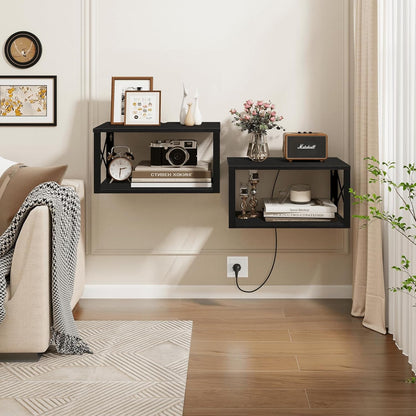2 Homode Floating Nightstand, Tier Wall Mounted Nightstand with Cable Hole, Wooden Floating Bedside Table, Bedside Wall