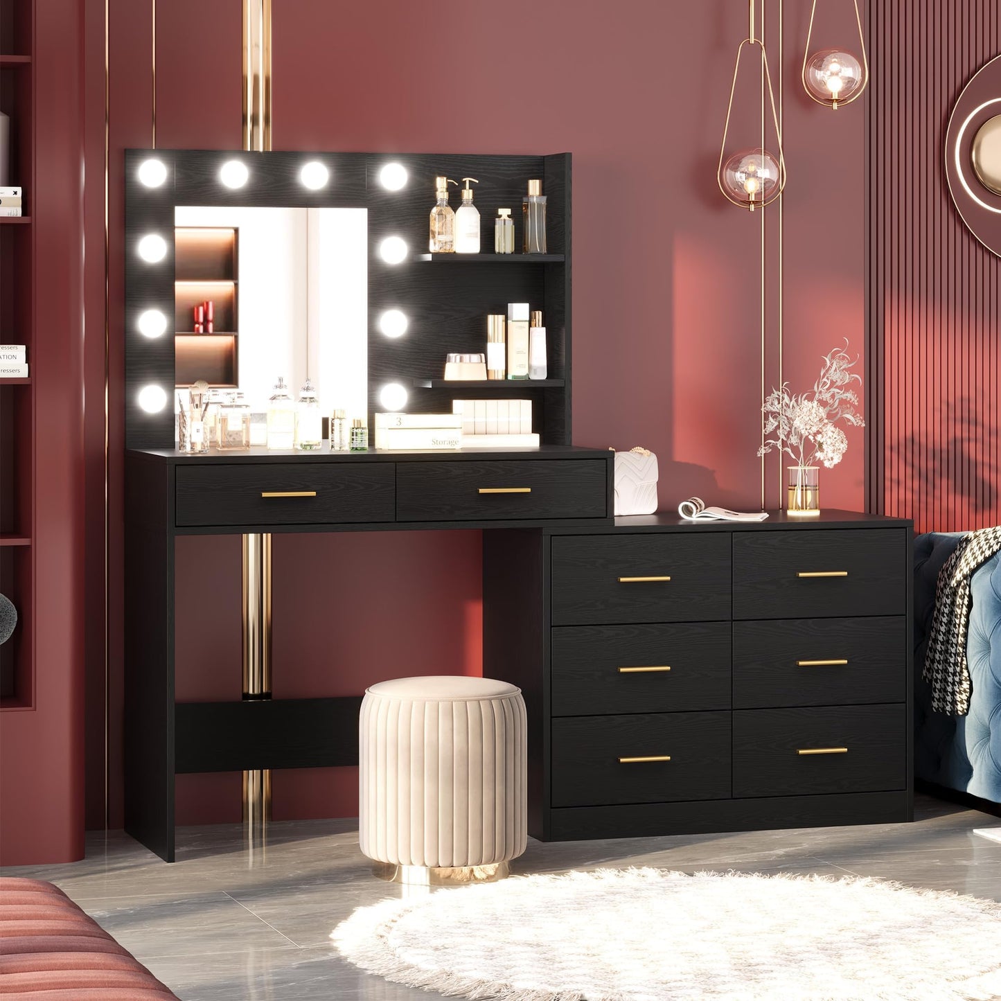Vanity Desk Table with Lighted Mirror 45.6“ Girls Makeup Vanity with Power Outlet, 3 Colors Lighting Adjustable,8 Stroge Drawers, Brightness Vanity Table for Women Bedroom Dressing Room