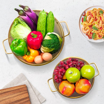 Gold Strainer for Kitchen, 3QT, Stainless Steel Colander with Handle for Fruits Vegetables Cooking Food, Dishwasher Safe