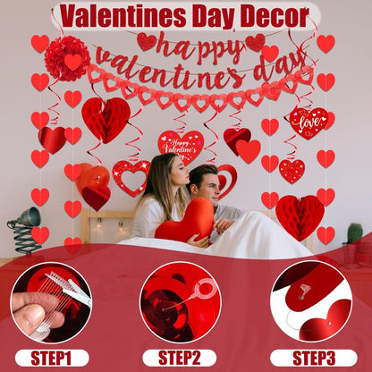 26Pcs Valentines Day Decorations Hanging Swirls Valentines Day Decorations Happy Valentine's Day Love Heart Garlands Banner Paper Honeycomb for Home Classroom Office Wedding Party Anniversary
