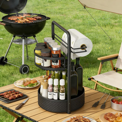 CLOKTA Rotating Spice Rack with Paper Towel Holder, 2 Tier Turntable Lazy Susan, Seasoning Organizer for Kitchen Countertop Cabinet, Black