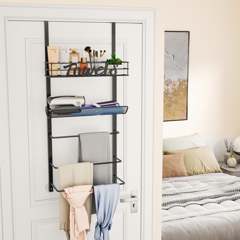 SWTYMIKI Over The Door Towel Racks for Bathroom - 5-Tier Wall Mounted Bathroom Towel Storage Organizer Holder with Metal Shelf, Black