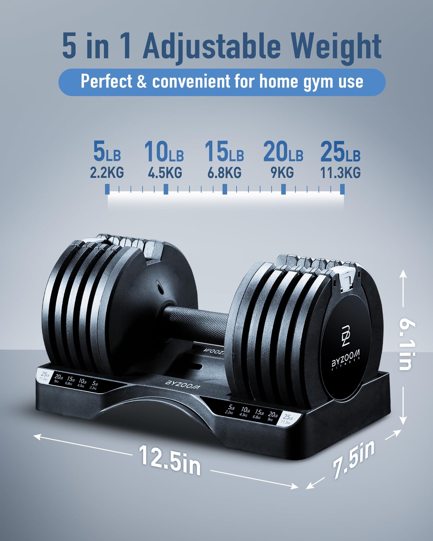BYZOOM FITNESS Pure Series Adjustable Dumbbell - 12.5/25/27.5/75lb - ONE UNIT OR PAIR(check QTY before purchase) - 5-in-1/ 10-in-1 / 21-in-1 Flexible Hand Weights for Home Gym, Strength Training & Fitness Workouts, White OR Black