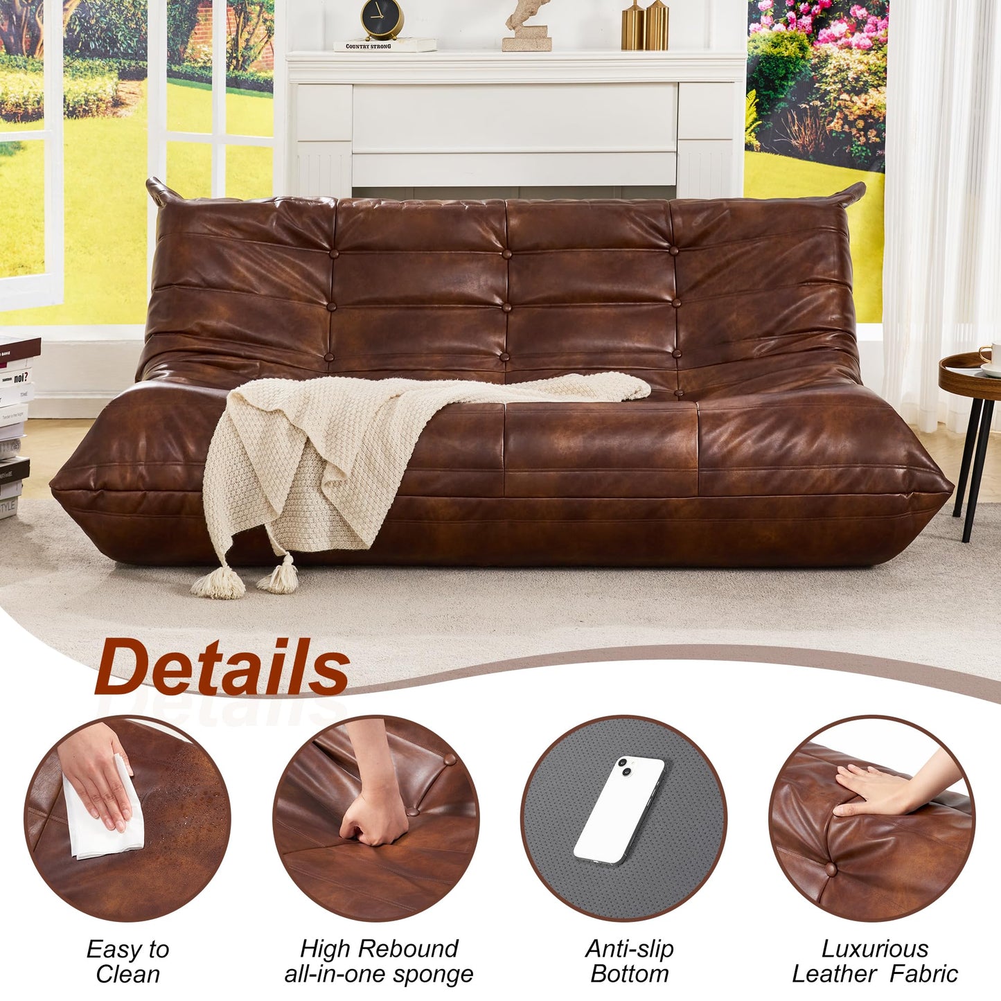 Hobestluk Bean Bag Chair Giant Bean Bag Sofa 3 Seater Bean Bag Chairs for Adults, Loveseat Floor Chair, Leather Bean Bag Chairs for Living Room Bedroom Office (Brown, 3-Seater)