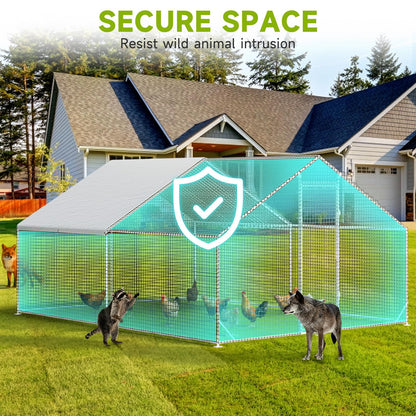 Large Walk-in Chicken Coop with Chicken Run, Galvanized Poultry Enclosure with Waterproof Anti-UV Cover and Security Lock, Ideal for Rabbit, Duck, Backyard and Farm Yard，13.1'x 9.8'x 6.6'