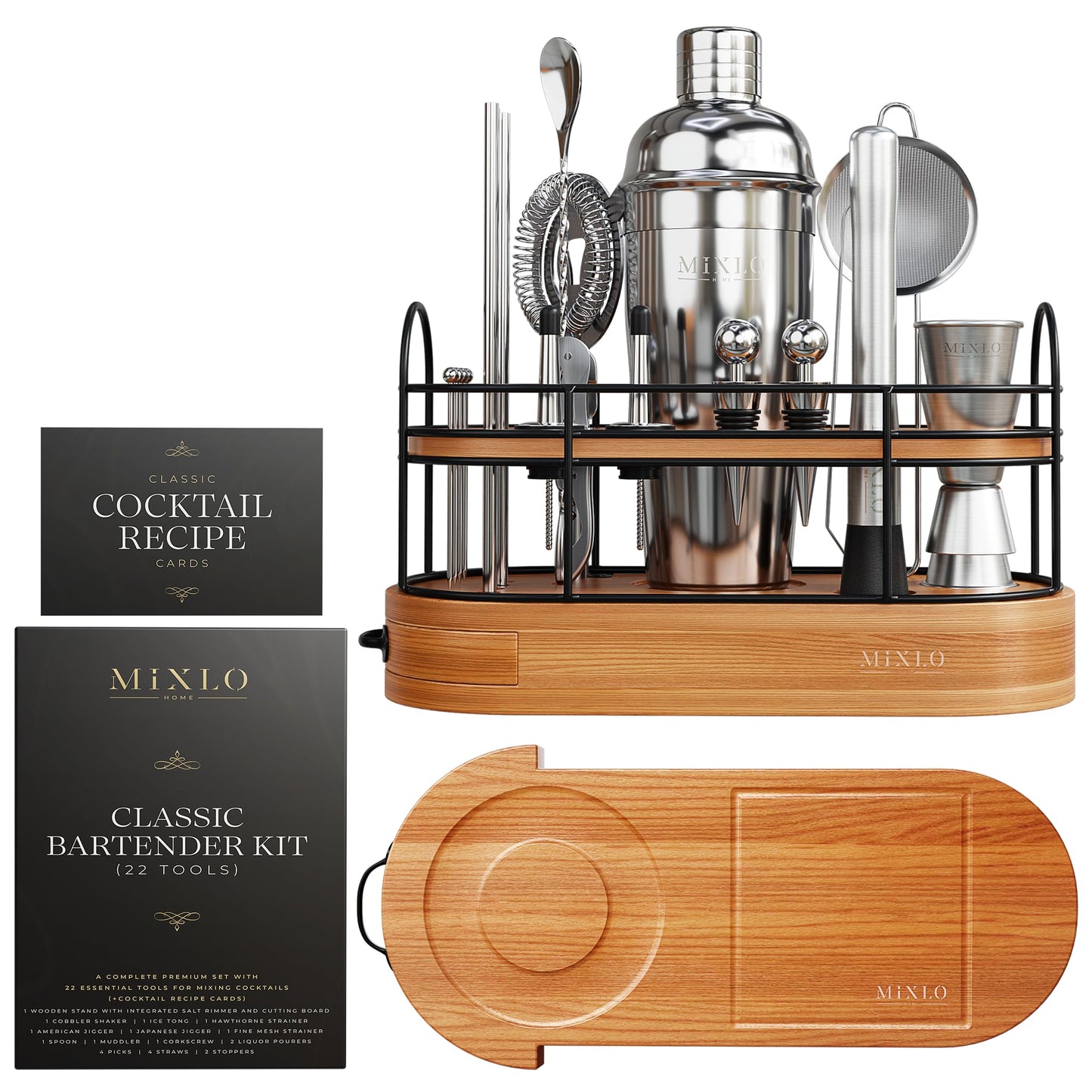 MIXLO HOME Mixology Bartender Kit - 22Pcs Bar Set Cocktail Shaker Set w Brown Bar Cart Accessories Stand - Shakers Bartending Silver Tools, 24oz Shaker, 17 Recipe Cards, Martini Barware