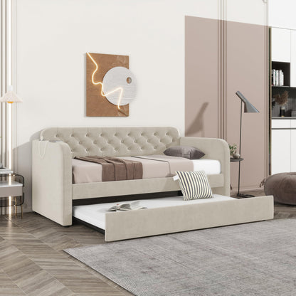 GDFStudio Twin Size Daybed with Trundle, Velvet Upholstered Twin Bed Frame with Headboard & USB Charging Station, Tufted Wood Platform Sofa Bed, Solid Slap Sofa Bed, No Box Spring Needed, Light Beige