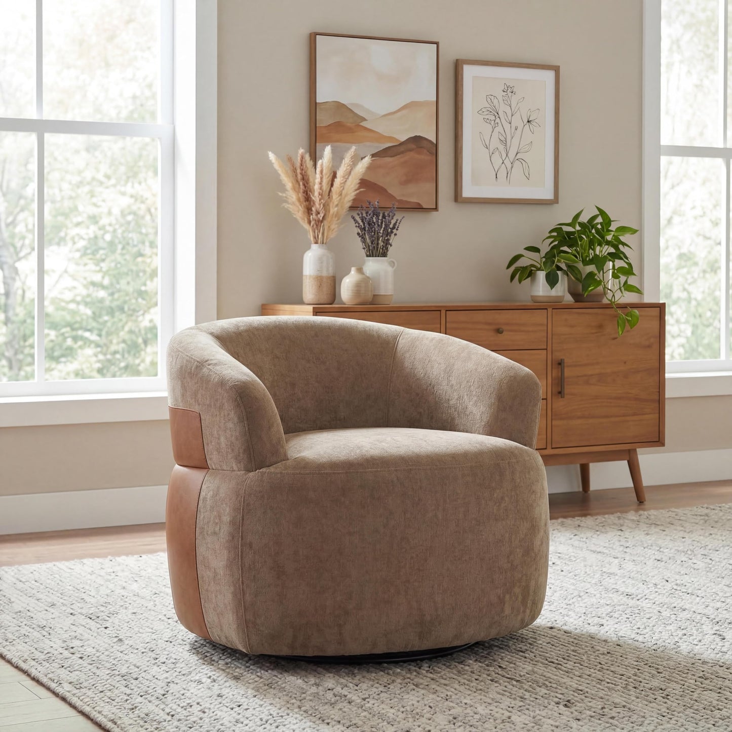 Christopher Knight Home Eldie Fabric Upholstered Swivel Accent Chair with PU Leather Accent, 360-Degree Rotation Armchair, Swivel Barrel Chair with Steel Base+Wood Frame, Lounge Chair Indoor, Brown