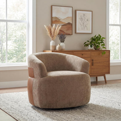 Christopher Knight Home Eldie Fabric Upholstered Swivel Accent Chair with PU Leather Accent, 360-Degree Rotation Armchair, Swivel Barrel Chair with Steel Base+Wood Frame, Lounge Chair Indoor, Brown