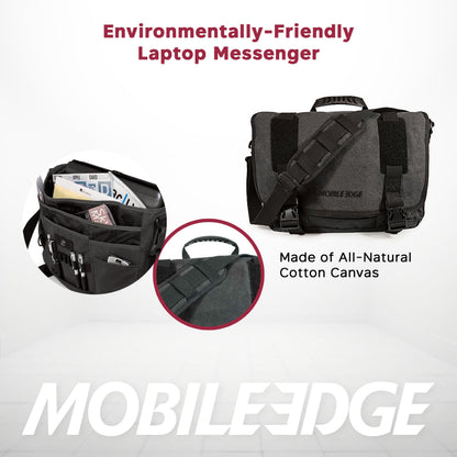Mobile Edge ECO Laptop Messenger Bag for Men and Women, Fits Up To 17.3 Inch Laptops, Travel Work Computer Bag, Cotton Canvas, Padded Pockets, Black