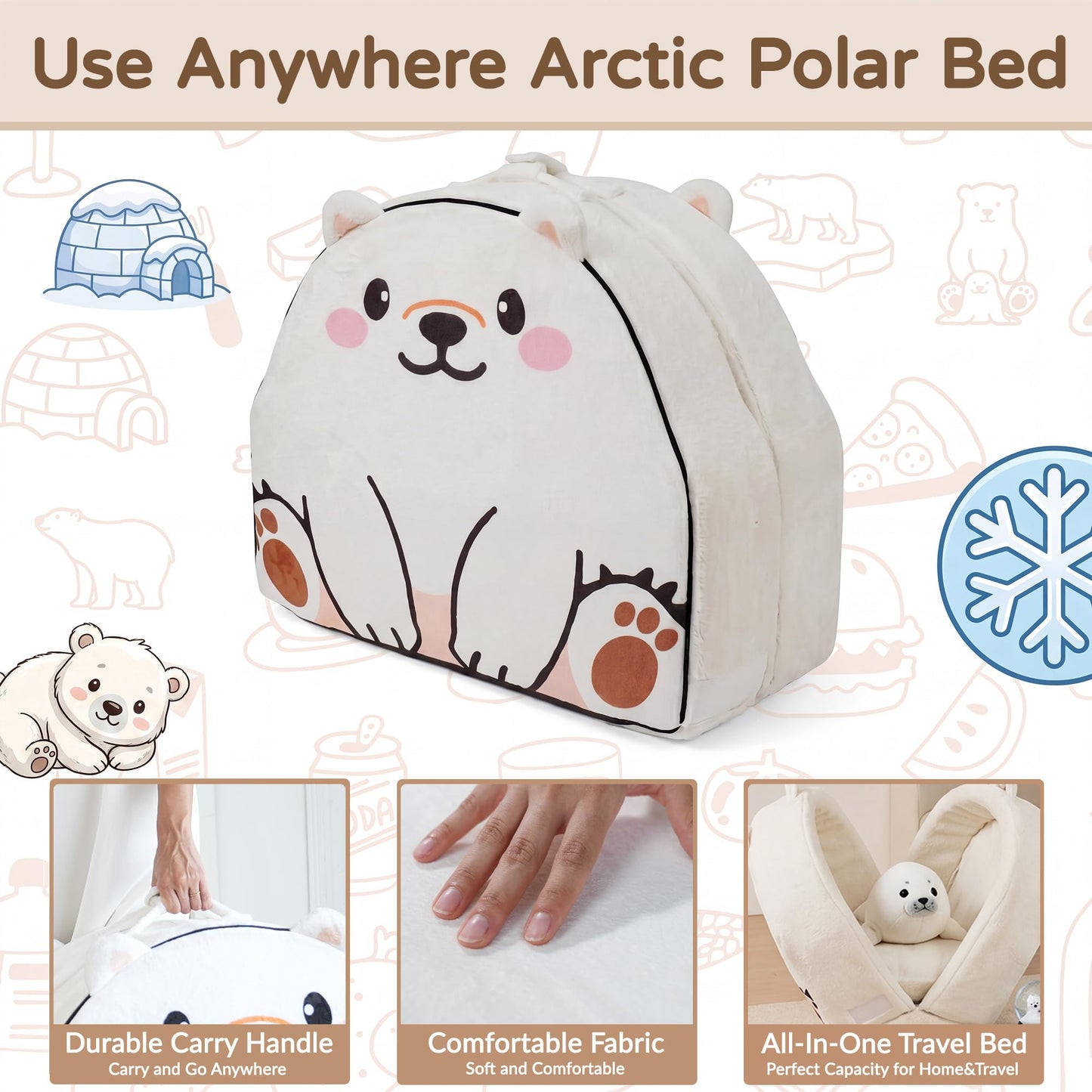 Portable Toddler Bed BUMNANA Folding Toddlers Floor Beds for Kids Foldable Soft Foam Travel Bed for Baby, Washable Cover Toddler Cot with Safety Rail for Travel, Home/Travel (Polar Bear)