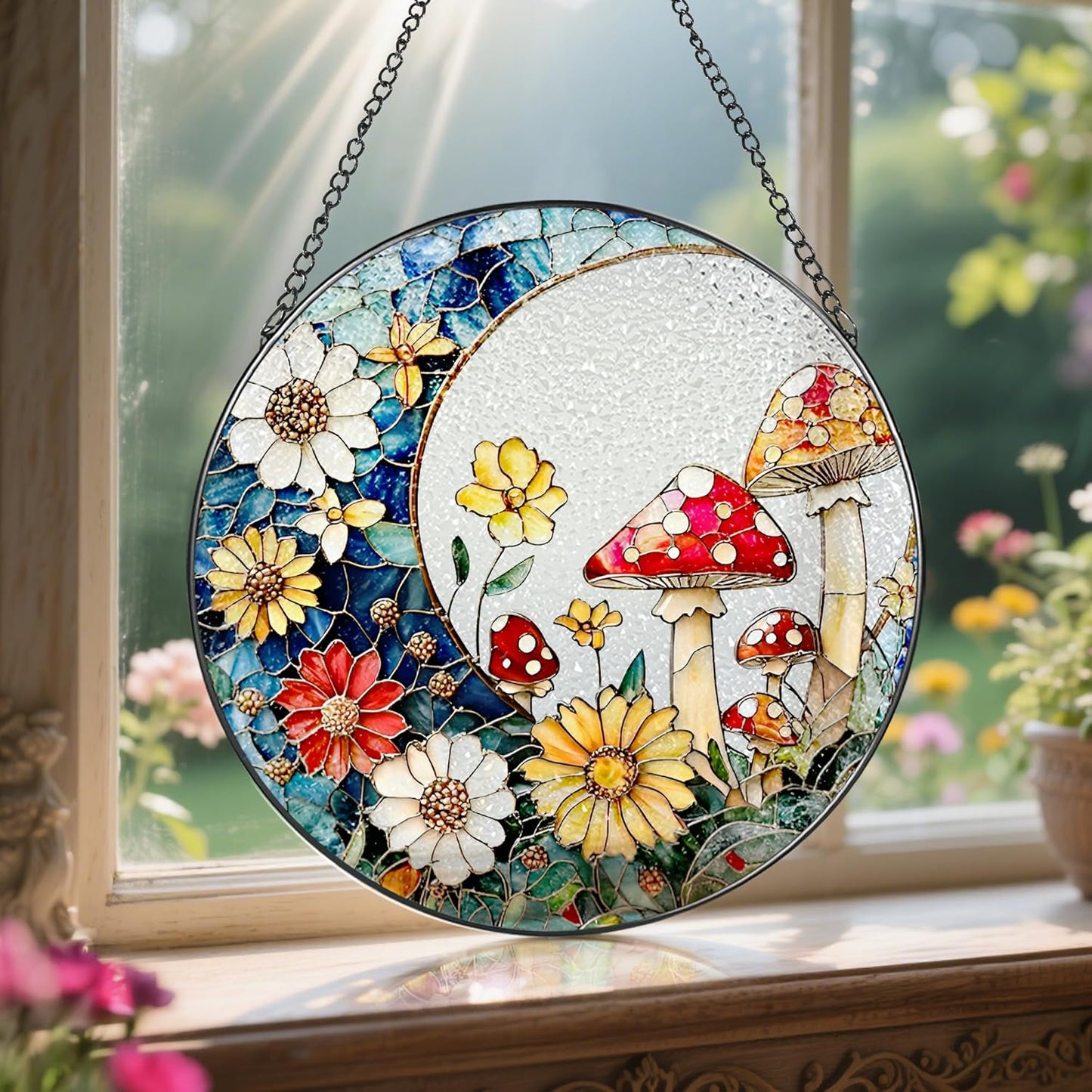 LAOWEIKI 8 Inch Mushroom Suncatcher, Stained Glass Mushrooms Home Decor, Stained Glass Window Hanging, Plant Lover