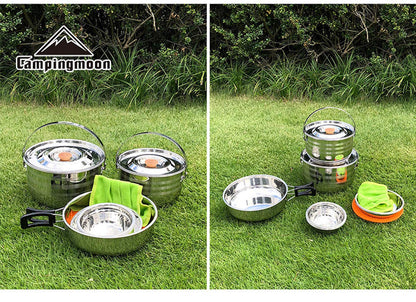 CAMPINGMOON 13PCS Camping Cookware Set Stainless Steel Outdoor Nesting Cooking Mess Kit Pots Pans Bowls with Storage Carrying Tote Bag MC210
