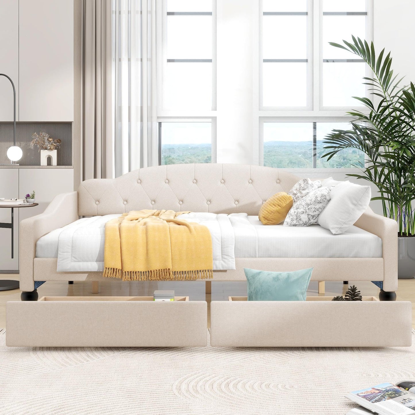 GDFStudio Full Size Upholstered Tufted Daybed with Two Storage Drawers – Linen Fabric, Solid Wood Frame, Space-Saving Design, Beige