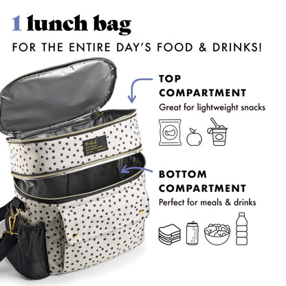 Fit & Fresh Westminster Dual-Compartment Insulated Lunch Bag for Women, Complete Lunch Set with 2 Containers, Double Deck Insulated Cooler Bag with Adjustable Strap, Black & White Polka Dots