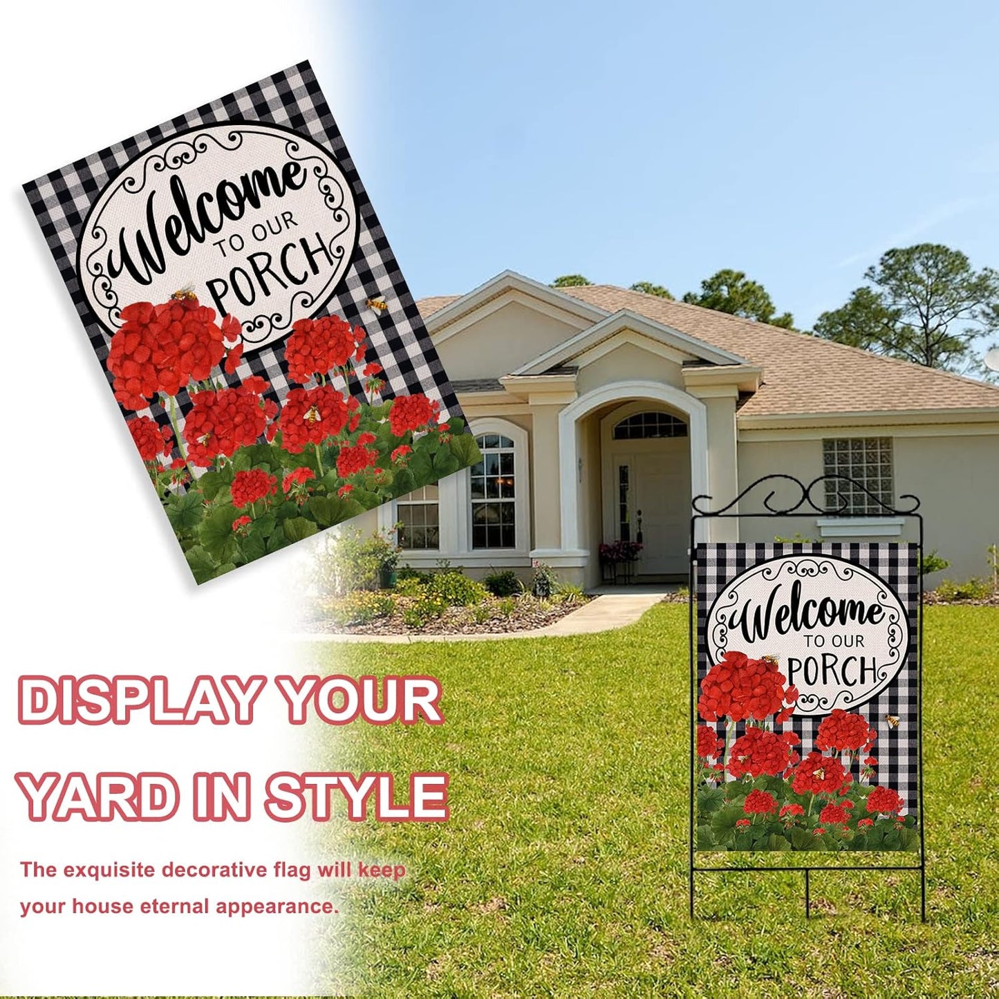 Welcome to Our Porch Geranium Spring Summer House Flag, 28x40, Black White Buffalo Plaid Check Garden Decoration