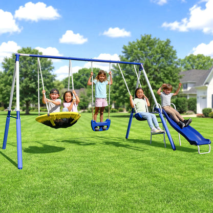 Sportspower Fairbrook Backyard Metal Swing Set for Kids, 500 lb Capacity — Saucer, Standing Swing, Blow-Molded Swing, 5ft Slide, Anchor Kit — Ages 3–8, 11.5' L x 7.5' W x 6.1' H