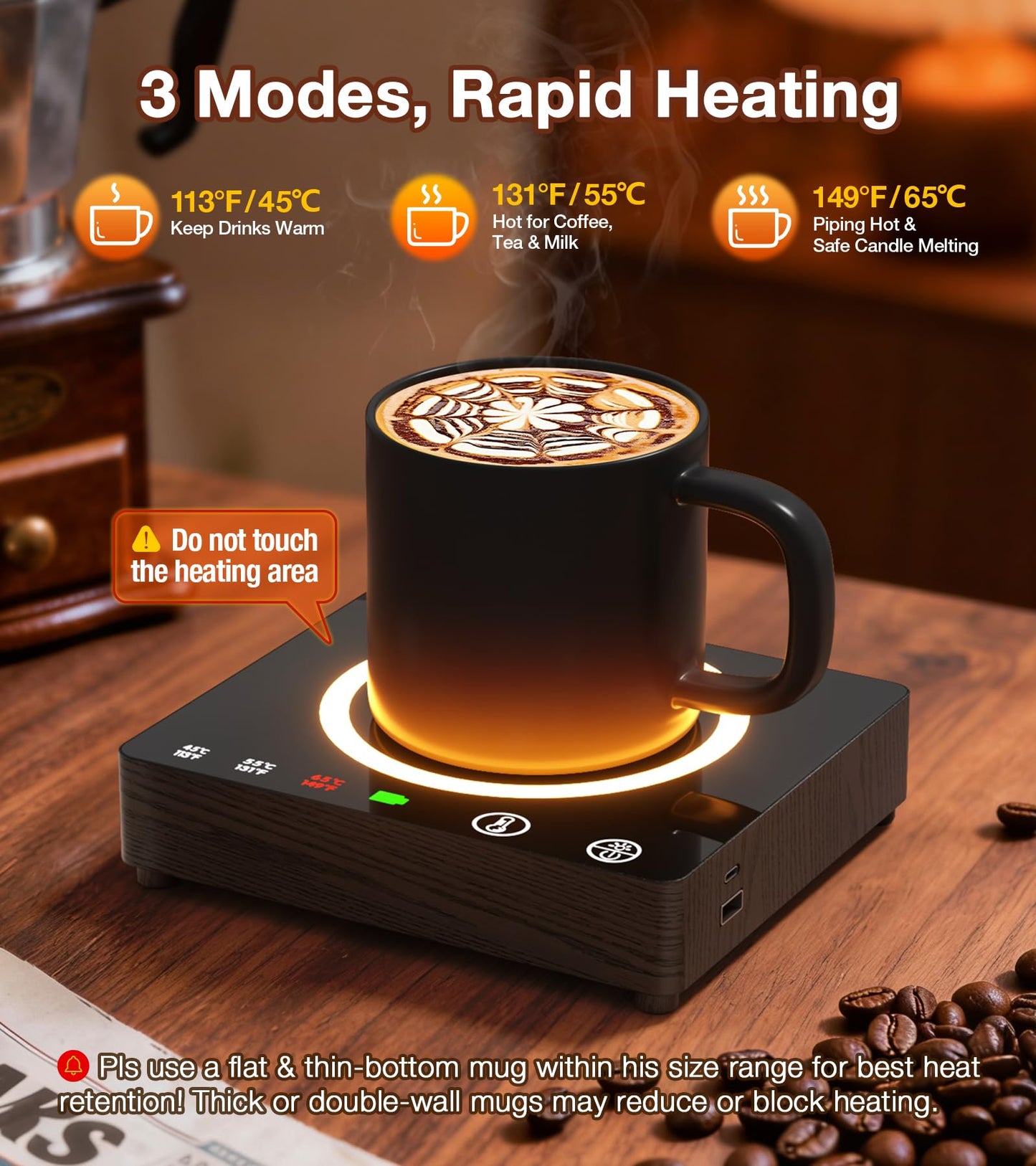 Mug Warmer, Cordless 180 Min Battery Life, 10000mAh Portable Charger, Wireless Coffee Cup Warmer for Desk, 3 Temp Settings, Smart Candle Heat Plate for Home, Office, Travel, Camping & Gifts for Men