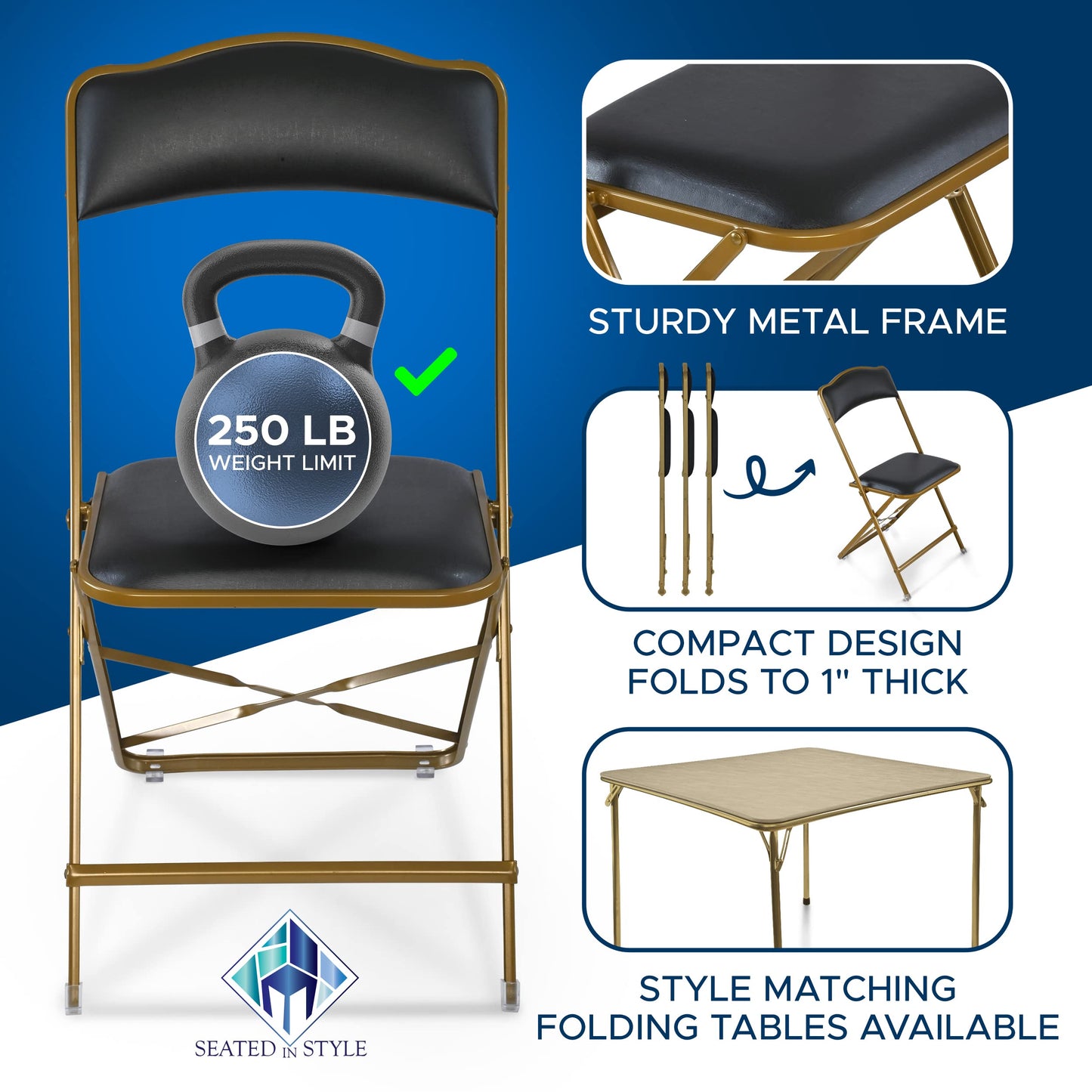 Premium Folding Chairs 4 Pack - Narrow 15" Seat, Padded Seat & Back - Folds Ultra Slim (~1 Inch) - Elegant Event Seating for Weddings, Parties & Dining Gold Frame Black Vinyl
