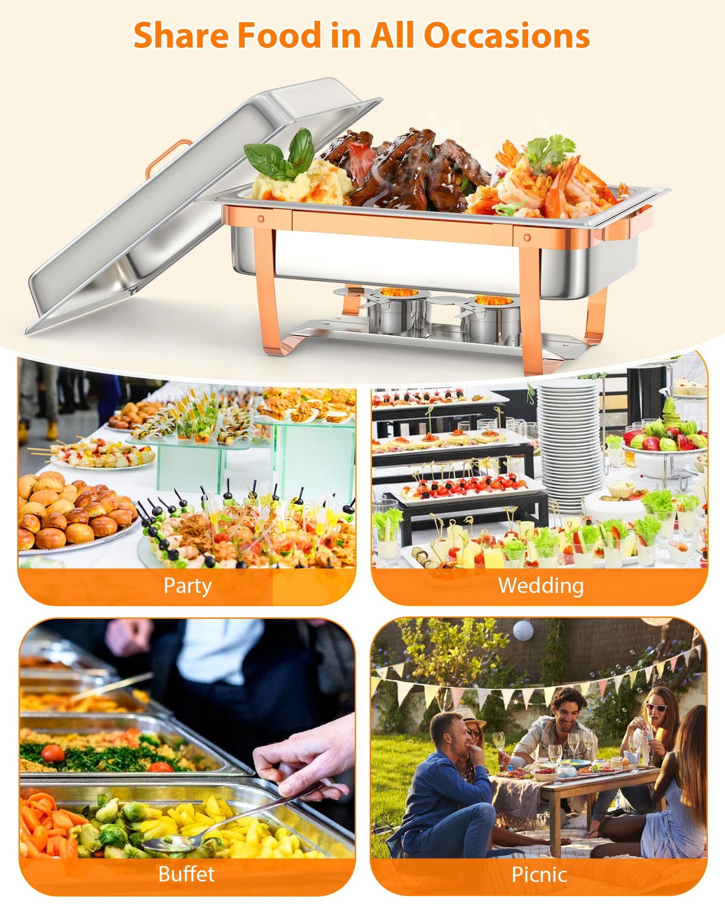 GarveeHome Chafing Dish Buffet Set, 8QT 2 Pack, Rectangle Chafing Dishes for Buffet w/Lid Holder, Stainless Steel Chafer Food Warmers Servers for Kitchen Party Banquet Dining, Rose Gold