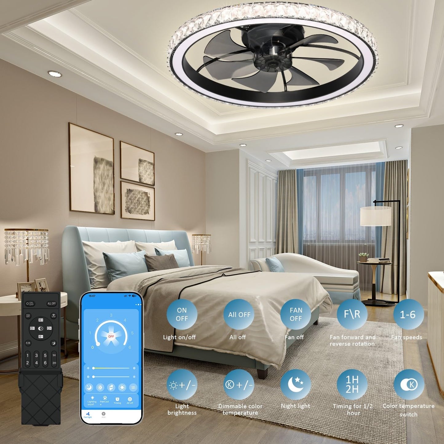 Aipsun 26" Low Profile Modern Crystal Chandelier Ceiling Fans with Lights and Remote, 3000K-6500K Smart Bladeless LED Fan Light, Black Modern Ceiling Fans with Lights for Bedroom