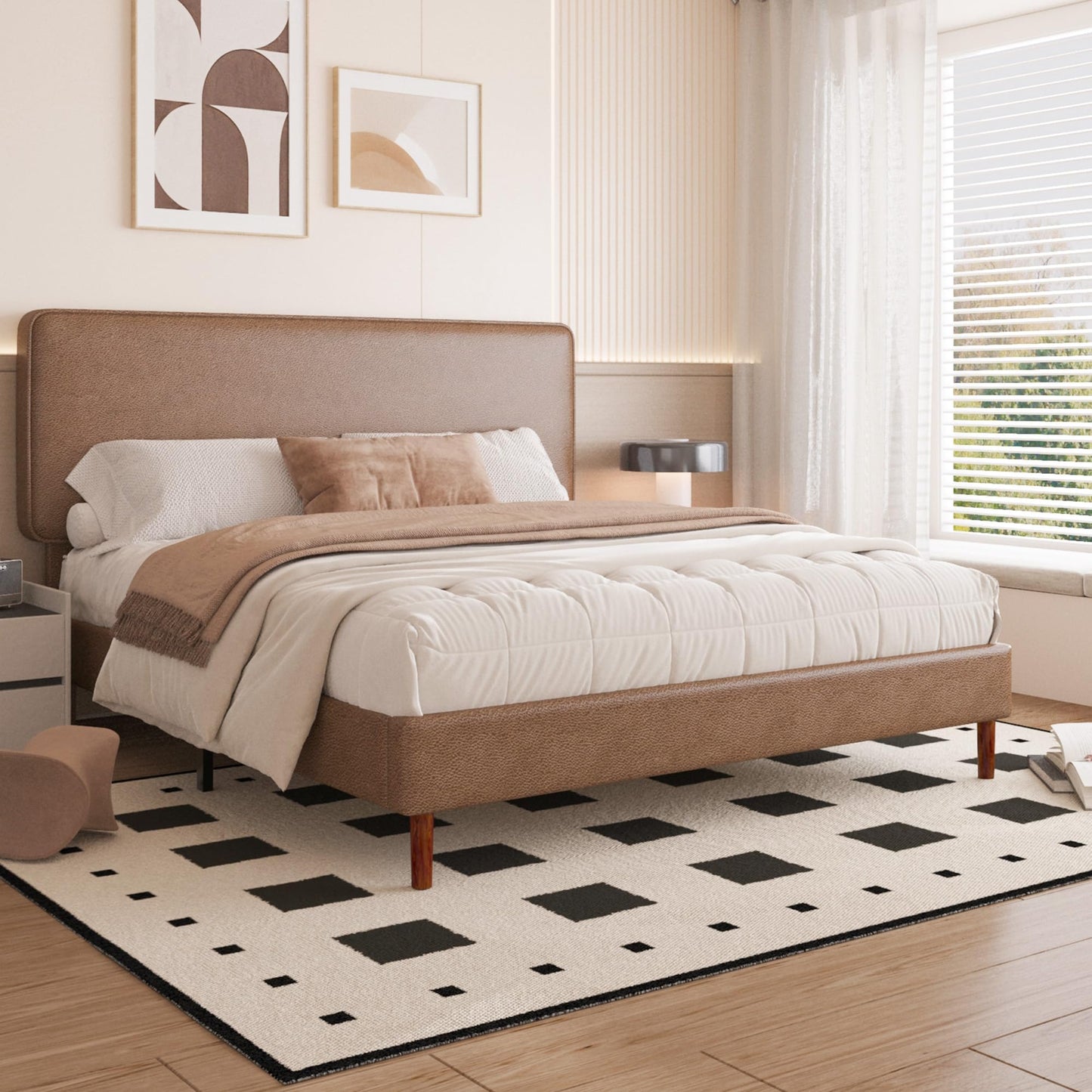 Lcwtvgxr King Size Leather Platform Bed Frame with Adjustable Upholstered Headboard, Solid Wooden Legs, No Box Spring Needed, Easy Assembly, Noise Free, Brown