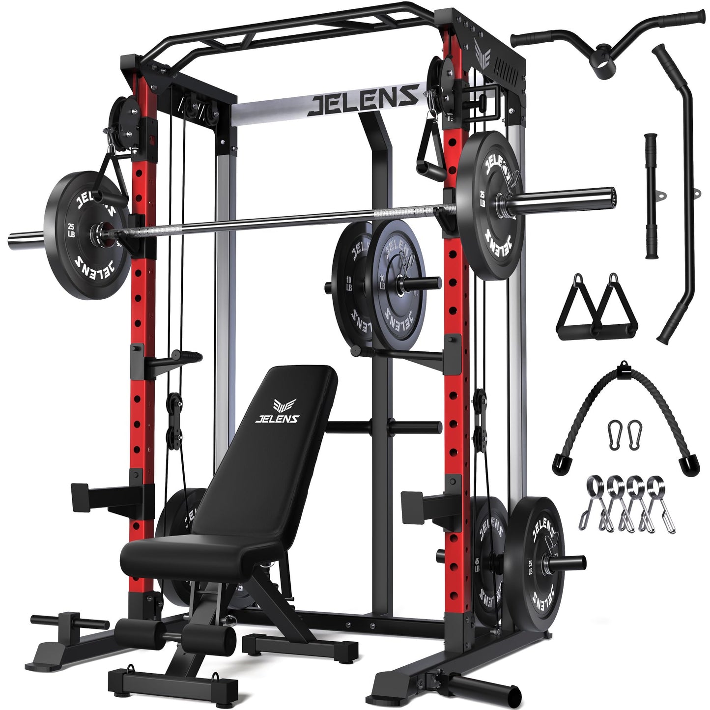 JELENS C21 Power Cage, 2000LBS Multi-Function Power Rack with Independent Dual Pulley System, All-in-One Squat Rack for Cable Crossover, Home Gym Workout Machine (Red, 230LB Black Weights)
