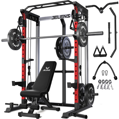 JELENS C21 Power Cage, 2000LBS Multi-Function Power Rack with Independent Dual Pulley System, All-in-One Squat Rack for Cable Crossover, Home Gym Workout Machine (Red, 230LB Black Weights)