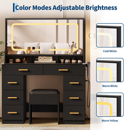 GarveeHome Makeup Vanity Desk with LED Mirror & Charging Station, 42" Dressing Table with Cushioned Stool, Glass Top & 8 Drawers & Hairdryer Rack, for Modern Bedroom Dressing Room, Black