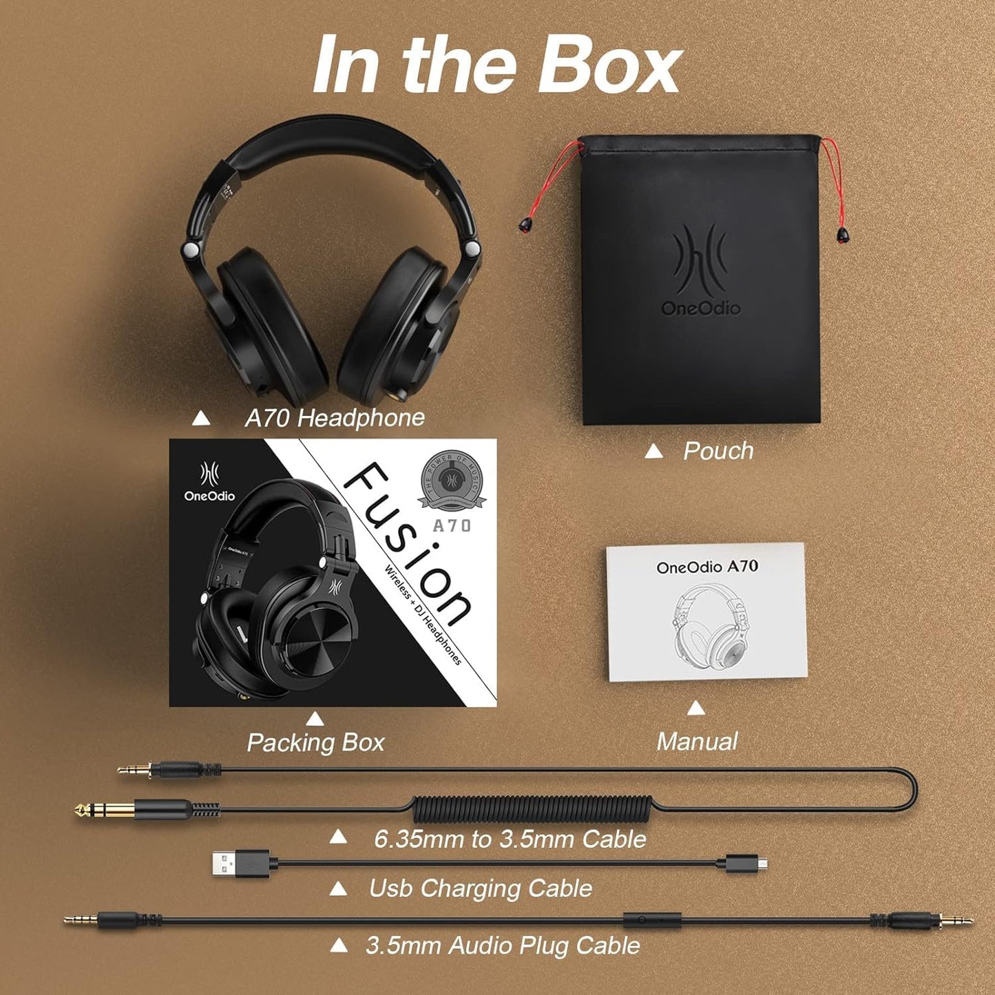 OneOdio A70 Bluetooth Over Ear Headphones, Wireless Headphones with 72H Playtime, Hi-Res, Built-in Mic, 3.5mm/6.35mm Wired Audio Jack for Studio Monitor & Mixing DJ Guitar AMP, Computer PC Gaming