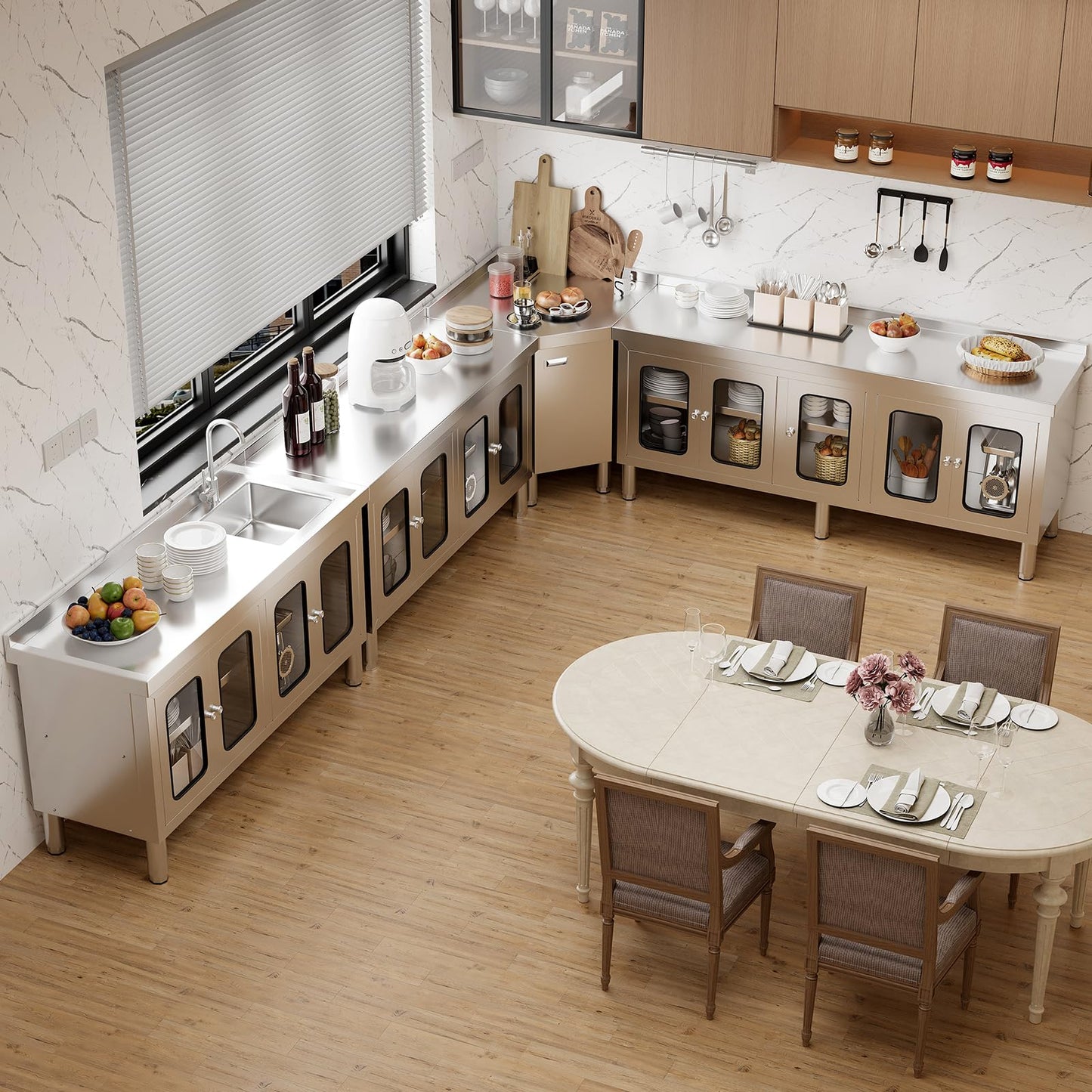 59" Stainless Steel Table Cabinet Heavy Duty Prep Table with 304 Stainless Steel Worktop and 4 Glass Doors Commercial Worktable Workbench with Storage Cabinet for Kitchen Garage Restaurant Outdoor