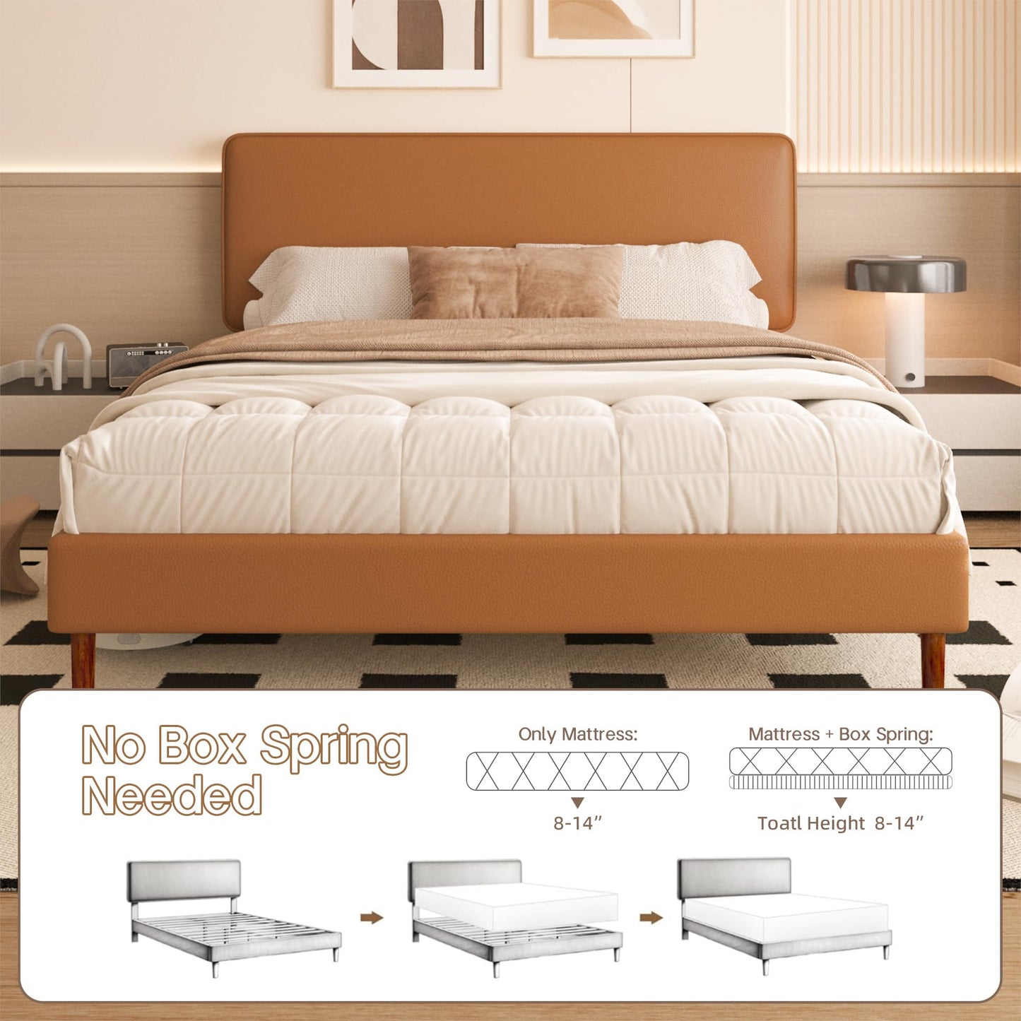 Lcwtvgxr King Size Leather Platform Bed Frame with Adjustable Upholstered Headboard, Solid Wooden Legs, No Box Spring Needed, Easy Assembly, Noise Free, Orange-Brown