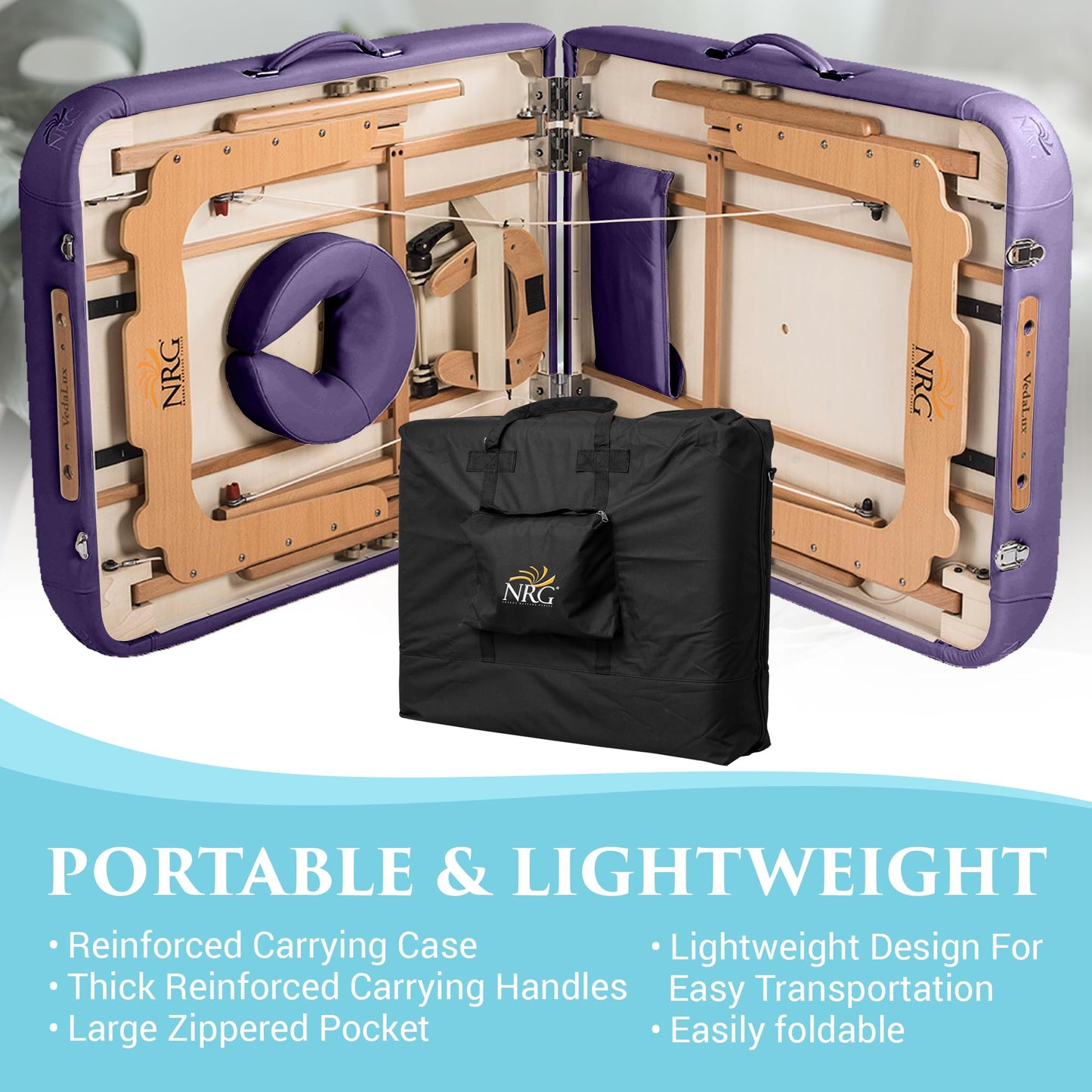 NRG Vedalux Portable Massage Table Package | Purple | Folding Lightweight Massage Bed | Professional Spa Table with Face Cradle, Hanging Armrest & Carrying Case