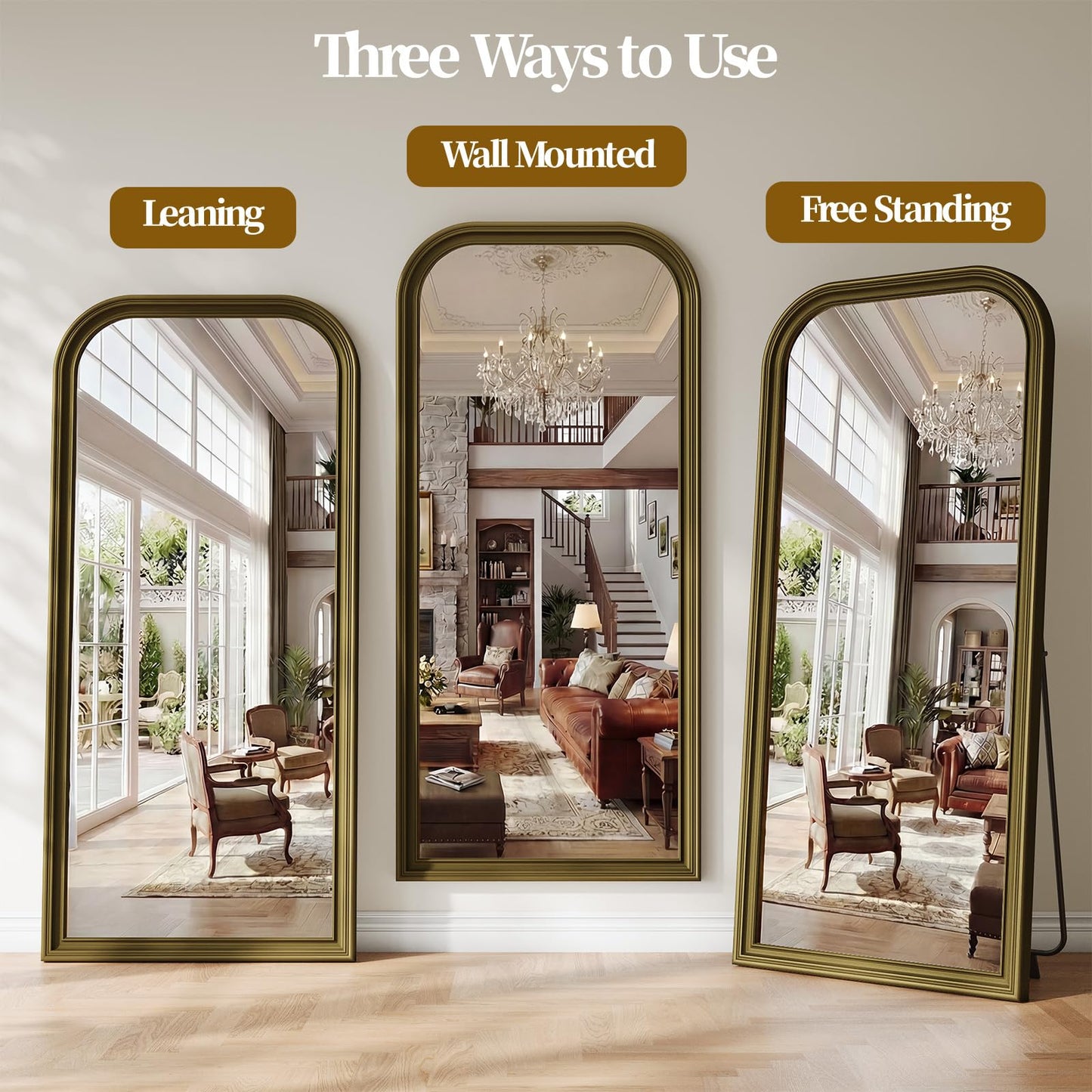 FlyEcho Full Length Mirror with Stand, 71"x32" Full Body Mirror, Floor Length Mirrors Wall Mounted with Rounded Top, Large Standing Mirrors, PU Frame, for Bedroom Living Room Cloakroom, Antique Bronze