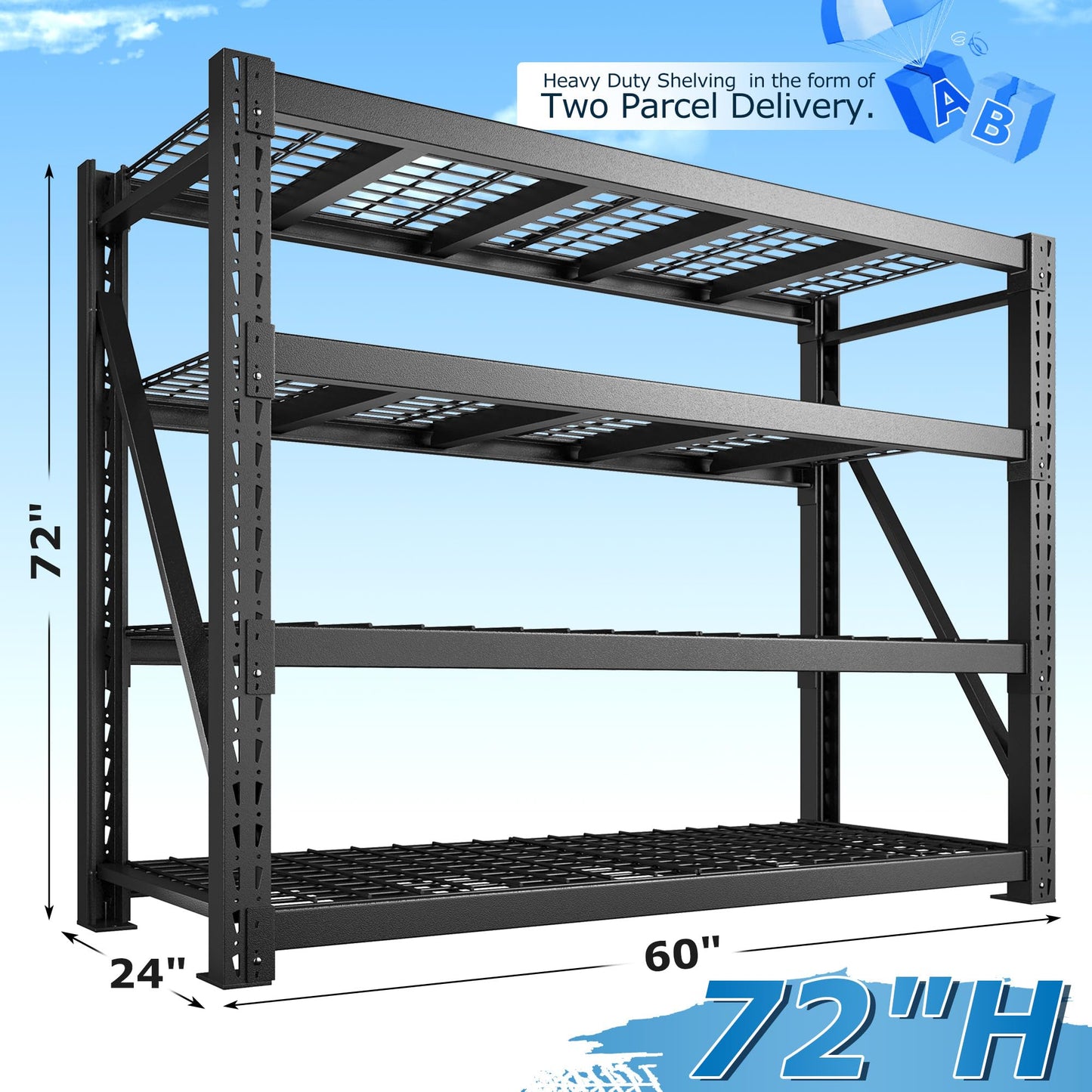 Bepatio 11000LBS Heavy Duty Garage Shelving, 4-Tier Adjustable Storage Shelves Metal Shelving, Industrial Shelf for Basement Warehouse Commercial Garage Shop, 72" H× 60" W × 24" D, Black