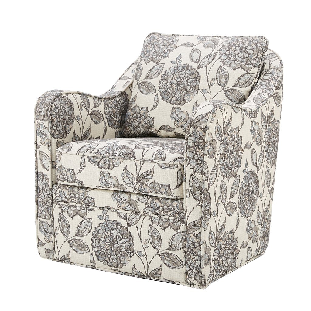 Madison Park Brianne Upholstered Swivel Curved Armchair 360 Degree Accent Chair with Metal Base Stand, Pillowback Support, Slub Weave, Wide Seat for Nursery or Living Room Fully Assembled, Multi