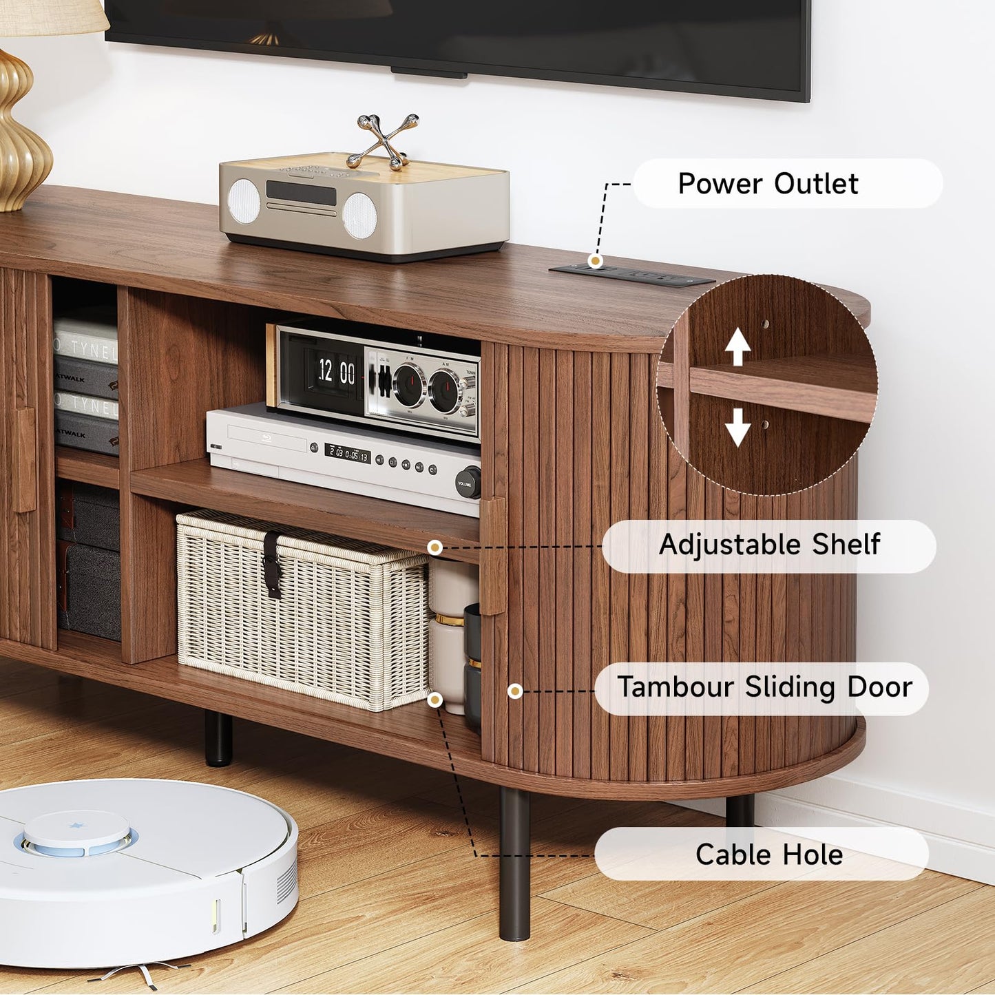 70.8" TV Stand with Power Outlet, Mid-Century Modern Television Stand, Fluted Media Console with Sliding Doors, Entertainment Center for TVs up to 60 Inch, Adjustable Shelves, Walnut