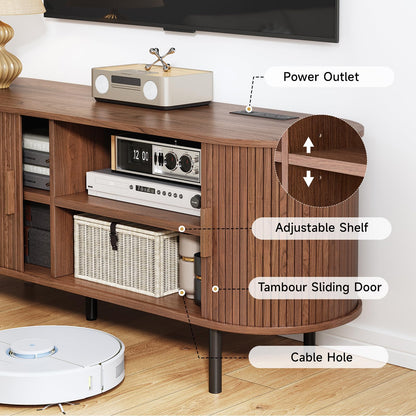 70.8" TV Stand with Power Outlet, Mid-Century Modern Television Stand, Fluted Media Console with Sliding Doors, Entertainment Center for TVs up to 60 Inch, Adjustable Shelves, Walnut