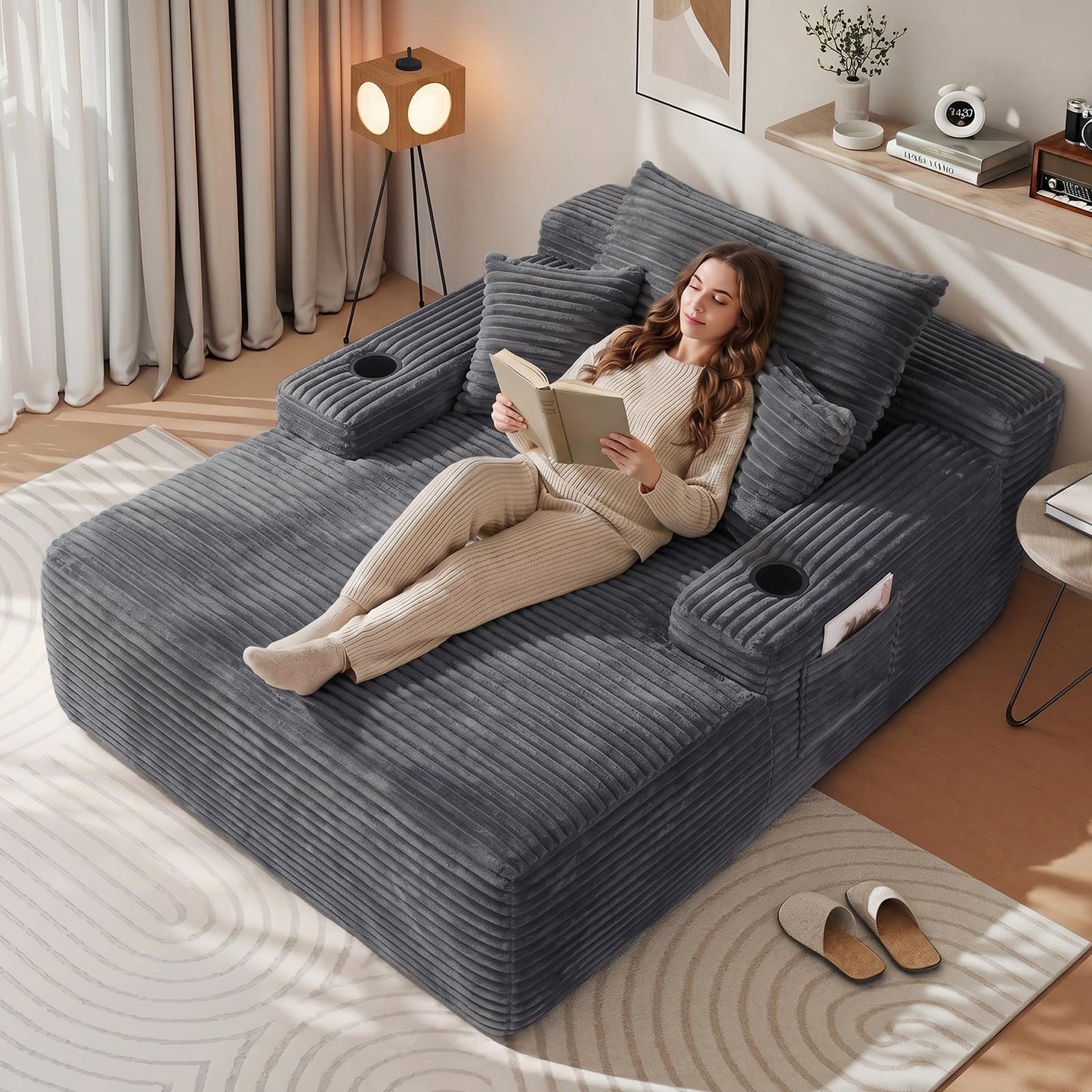 Yafylly 65" Boneless Chaise Lounge, Oversized Corduroy Sleeper Bed with Cup Holders & Side Pockets – No Assembly, for Living Room, Bedroom, Reading Nook, Lounge, Grey