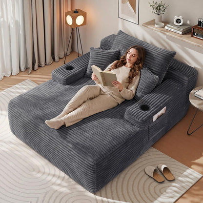 Yafylly 65" Boneless Chaise Lounge, Oversized Corduroy Sleeper Bed with Cup Holders & Side Pockets – No Assembly, for Living Room, Bedroom, Reading Nook, Lounge, Grey