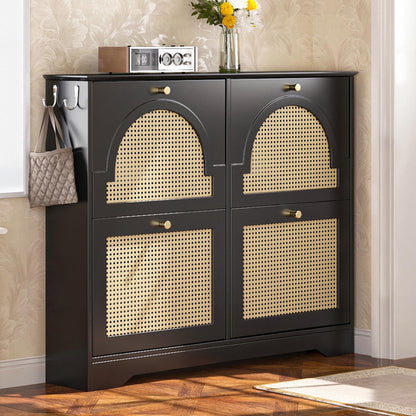 Merax Shoe Cabinet Storage with 4 Flip Drawers, Free Standing Shoes Organizer with 4 Rattan Doors for Entryway, Narrow Tipping Bucket Rack, with 2 Hooks, Black