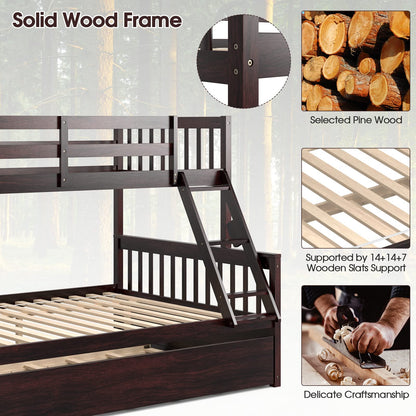 Giantex Twin Over Full Bunk Bed with Trundle, Convertible Platform Bed Frame with Ladder, Solid Wood Frame & Safety Guardrails, Space-Saving Bunk Bed for Teens & Kids, No Box Spring Needed, Espresso