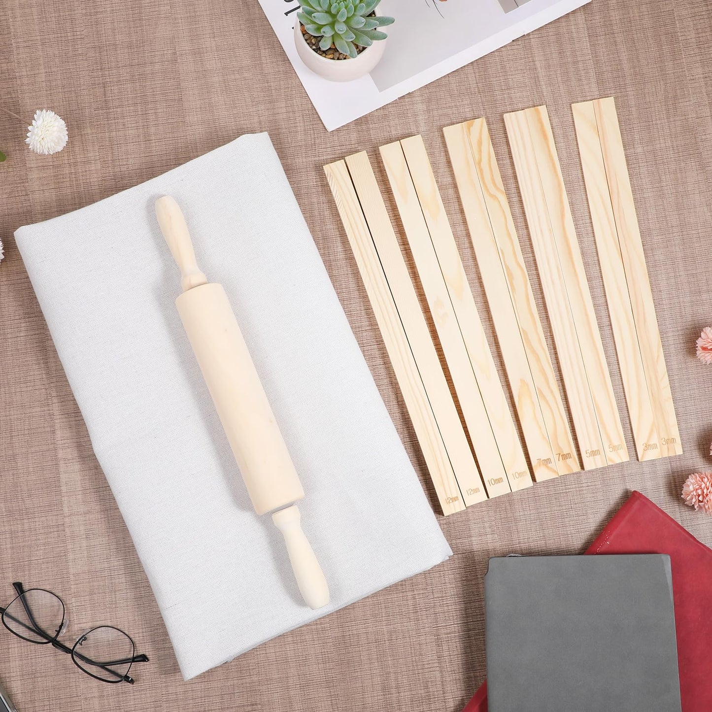 IMengjbang 12 Pcs Pottery Tools Set, Wooden Clay Rolling Pin with 5 Size Thickness Guides, Linen Tablecloth for Ceramic Pottery Making, Clay Roller for Crafts