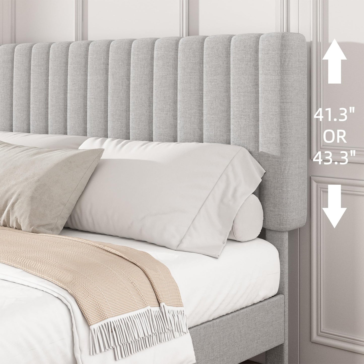 Mxhtcewz King Size Platform Bed Frame with Vertical Channel Tufted Headboard, No Box Spring Needed, Noise-Free, Easy Assembly, Light Grey Linen