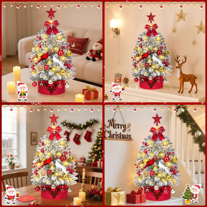 MARTINE MALL 2FT Small Christmas Tree with 30 LED Lights, Snowy Flocked Mini Christmas Tree Artificial Tabletop Xmas Trees with Cardinal Birds Red Bow Star Hanging Ornaments for Table Desk Small Space