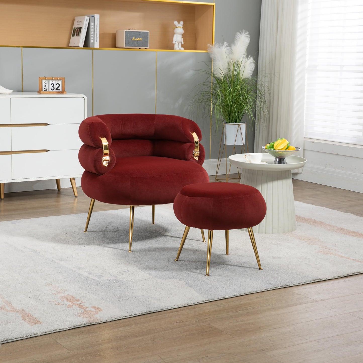 Upholstered Velvet Barrel Accent Chair with Ottoman,Accent Comfy Lounge Arm Chair and Footrest Stool Set,Single Sofa Armchair with Lounge Seat for Bedroom,Office (Wine Red)